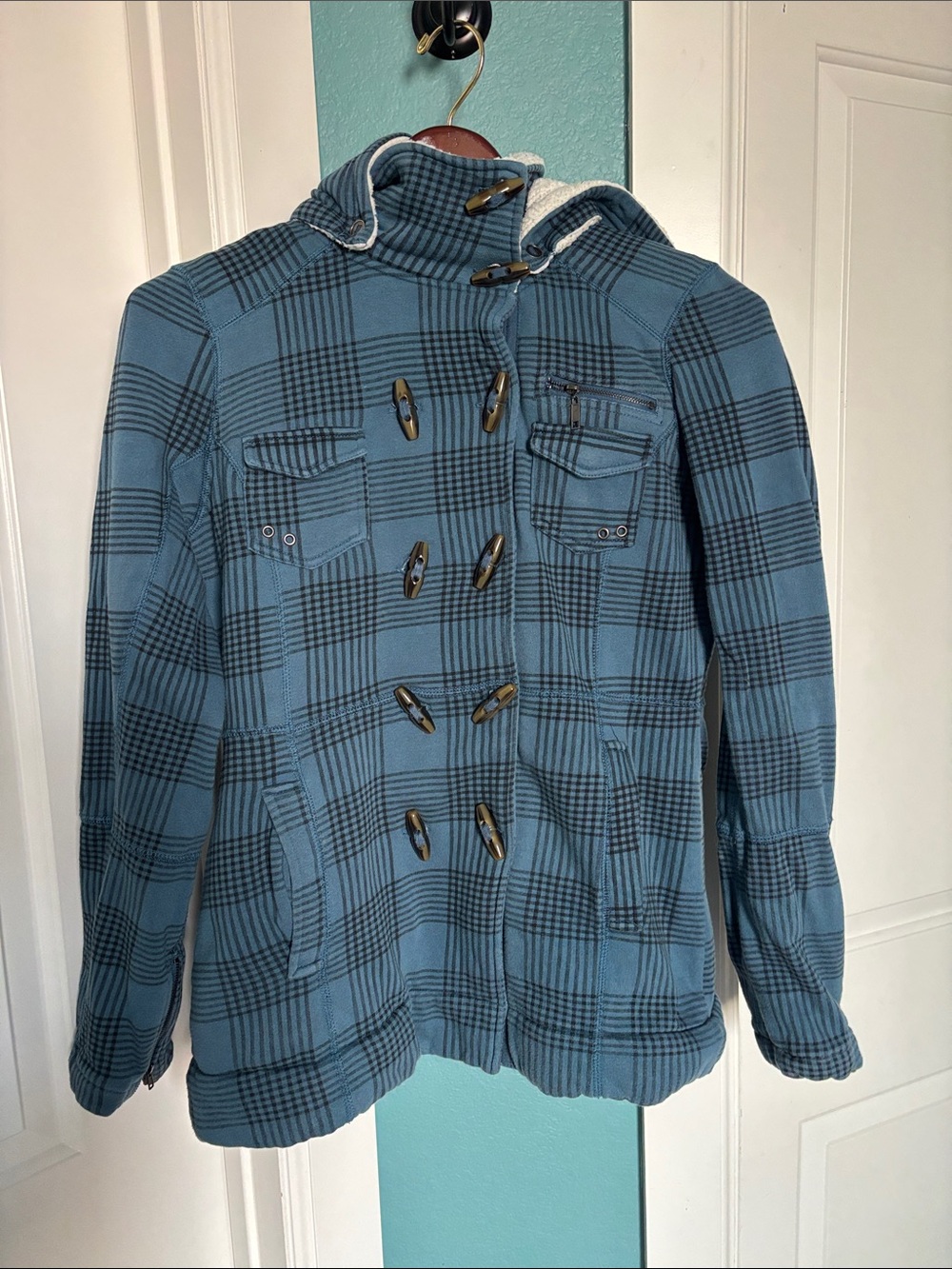 Hurley Blue Plaid Toggle Hooded Pea Coat